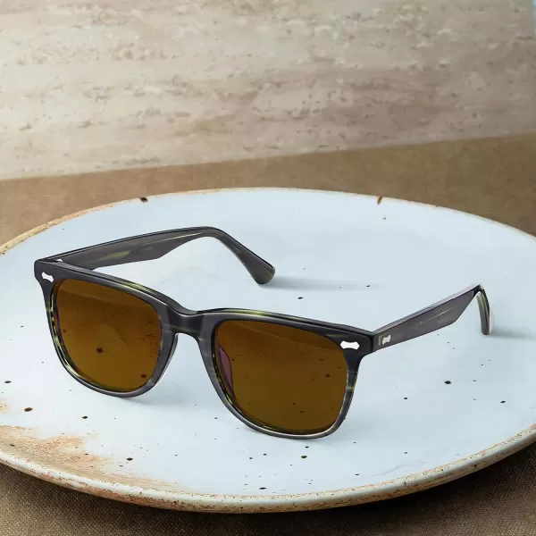 CARFIA Square Polarized Sunglasses for Men UV400 Protection Retro Acetate Italian Handcrafted Driving Shades5green Stripe Frame Brown Lens
