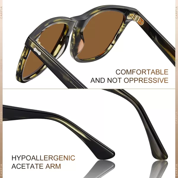 CARFIA Square Polarized Sunglasses for Men UV400 Protection Retro Acetate Italian Handcrafted Driving Shades5green Stripe Frame Brown Lens