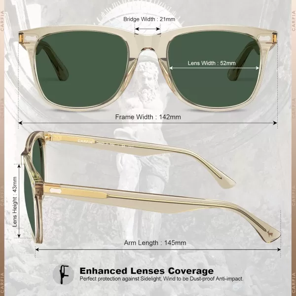 CARFIA Square Polarized Sunglasses for Men UV400 Protection Retro Acetate Italian Handcrafted Driving Shades6light Coffe Frame Green Lenses