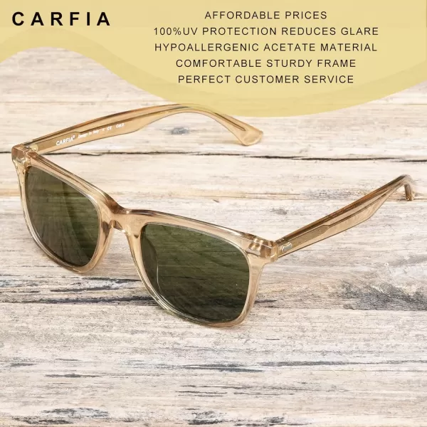 CARFIA Square Polarized Sunglasses for Men UV400 Protection Retro Acetate Italian Handcrafted Driving Shades6light Coffe Frame Green Lenses