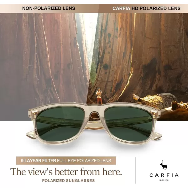 CARFIA Square Polarized Sunglasses for Men UV400 Protection Retro Acetate Italian Handcrafted Driving Shades6light Coffe Frame Green Lenses