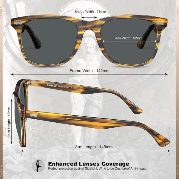 CARFIA Square Polarized Sunglasses for Men UV400 Protection Retro Acetate Italian Handcrafted Driving Shades7stripe Frame Grey Lenses