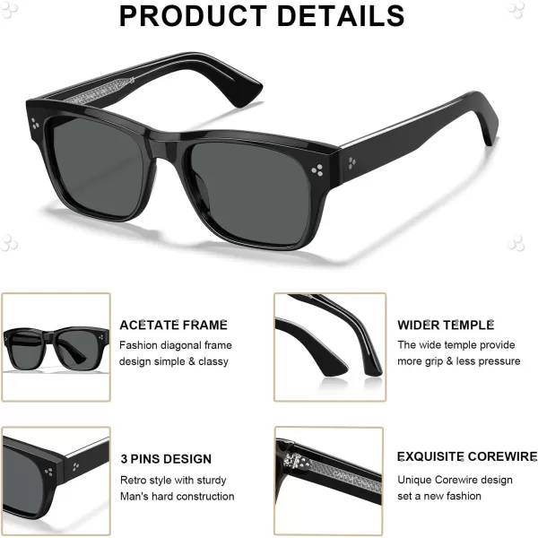 CARFIA Square Sunglasses for Men Women Polarized UV400 Protection Retro Stylish Unique Color Acetate Driving ShadesBlack Frame Grey Lens