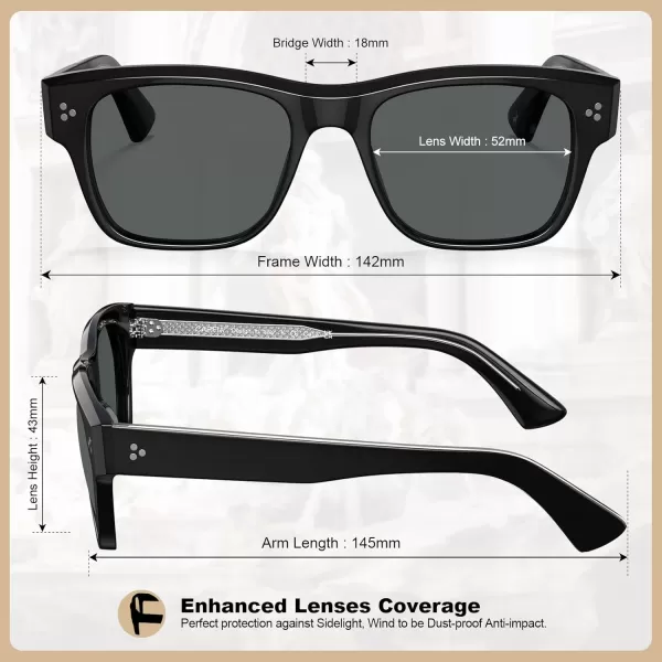 CARFIA Square Sunglasses for Men Women Polarized UV400 Protection Retro Stylish Unique Color Acetate Driving ShadesBlack Frame Grey Lens