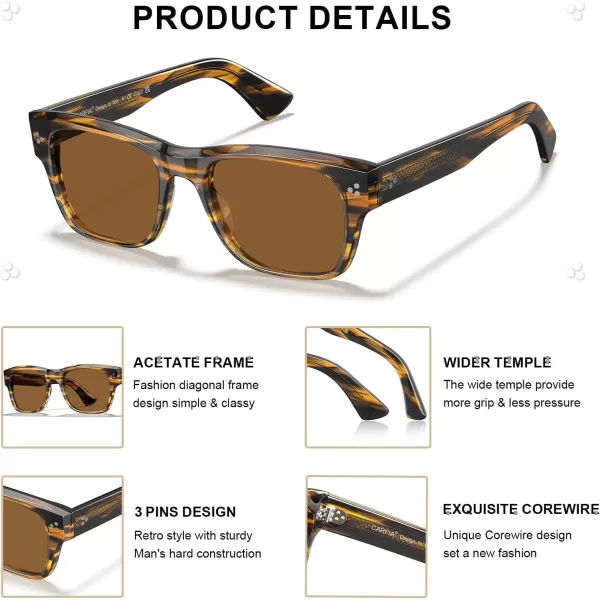 CARFIA Square Sunglasses for Men Women Polarized UV400 Protection Retro Stylish Unique Color Acetate Driving ShadesDemi Frame Brown Lens