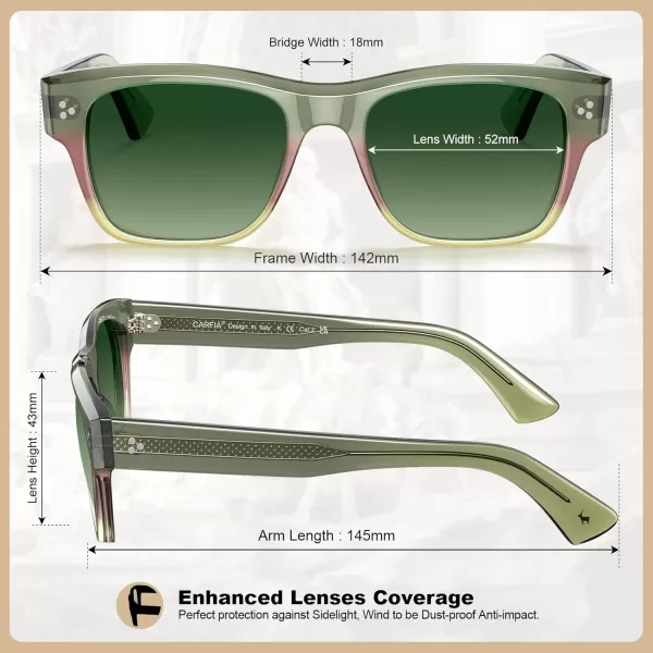 CARFIA Square Sunglasses for Men Women Polarized UV400 Protection Retro Stylish Unique Color Acetate Driving ShadesTwotones Frame Green Gradient Lens