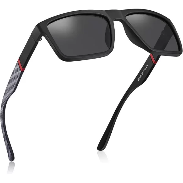 CARFIA Grid Temple Polarized Sunglasses for Men UV Protection Sturdy TR90 Frame Cool Square Sun GlassesMatte Black Frame Grey Lens