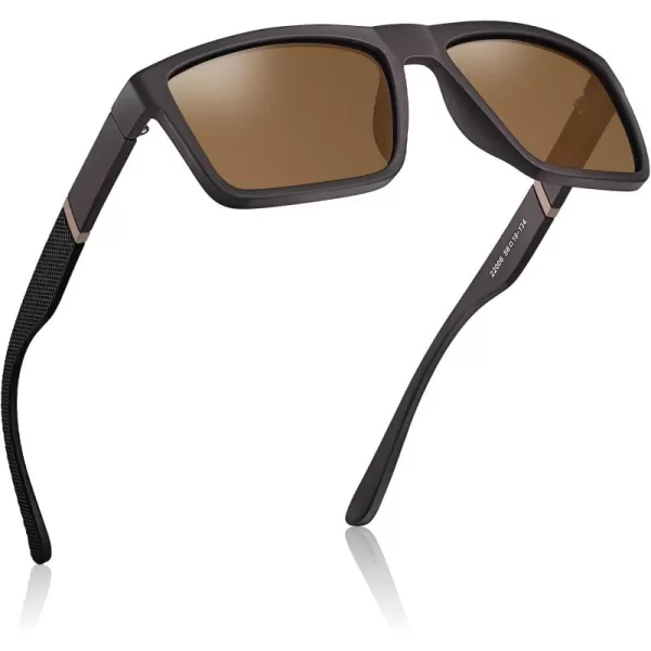 CARFIA Grid Temple Polarized Sunglasses for Men UV Protection Sturdy TR90 Frame Cool Square Sun GlassesMatte Brown Frame Brown Lens