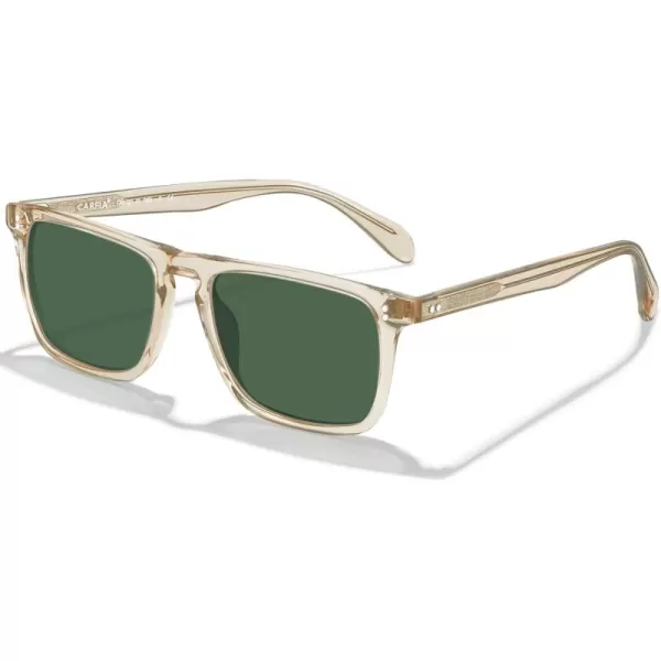 CARFIA Retro Polarized Sunglasses for Men UV Protection Handcrafted Acetate Frame Fashion Cool Sun Glasses CA535722 Transparent Tea Frame Green Lens