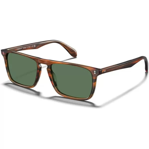 CARFIA Retro Polarized Sunglasses for Men UV Protection Handcrafted Acetate Frame Fashion Cool Sun Glasses CA535723 Brown Striped Frame Green Lens