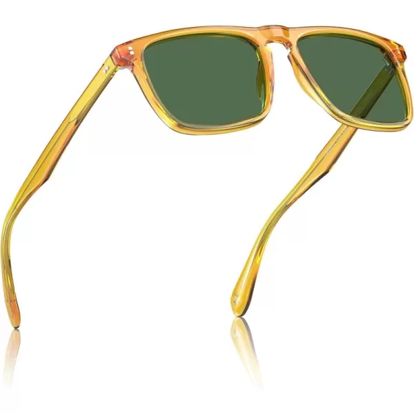 CARFIA Retro Polarized Sunglasses for Men UV Protection Handcrafted Acetate Frame Fashion Cool Sun Glasses CA535727 Transparent Yellow Frame Green Lens