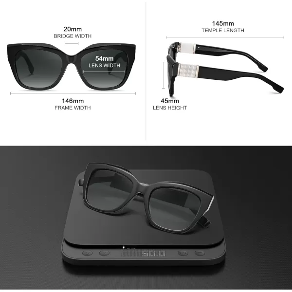 CARFIA Acetate Cat Eye Polarized Sunglasses for Women Retro Fashion Square Frame Sunnies UV400 Protection CF1018Black Frame Grey Gradient Lens