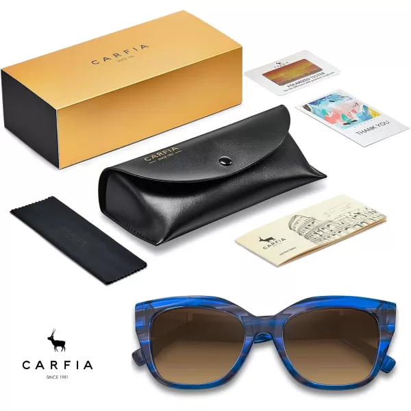 CARFIA Acetate Cat Eye Polarized Sunglasses for Women Retro Fashion Square Frame Sunnies UV400 Protection CF1018Blue Striped Frame Brown Gradient Lens