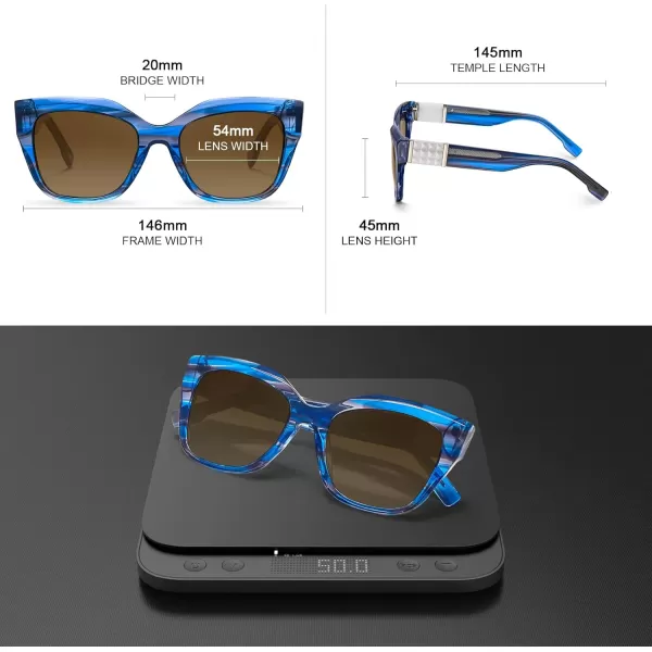CARFIA Acetate Cat Eye Polarized Sunglasses for Women Retro Fashion Square Frame Sunnies UV400 Protection CF1018Blue Striped Frame Brown Gradient Lens