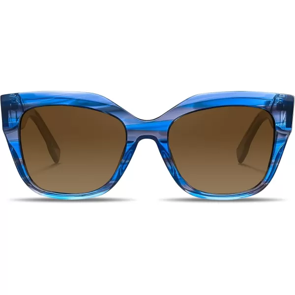 CARFIA Acetate Cat Eye Polarized Sunglasses for Women Retro Fashion Square Frame Sunnies UV400 Protection CF1018Blue Striped Frame Brown Gradient Lens