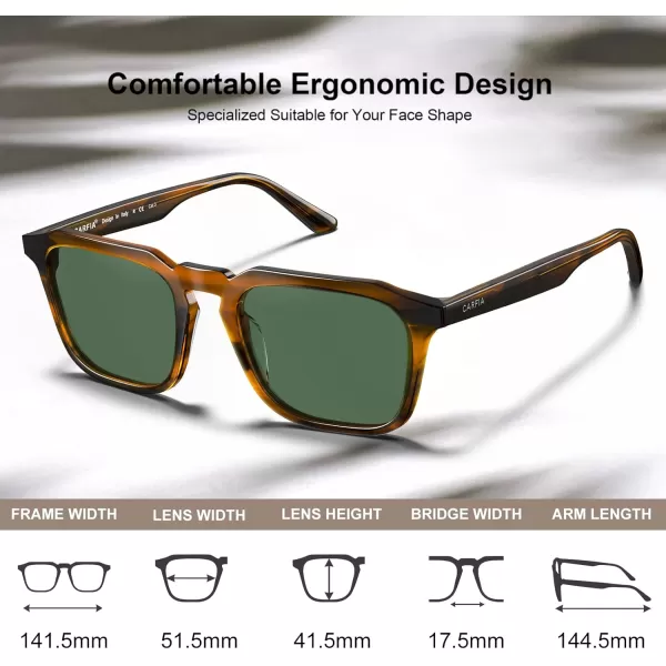 CARFIA Acetate Classic Square Polarized Sunglasses for Men UV400 Lenses Handcrafted Frame Outdoor Eyewear1brown Striped Frame Green Lens
