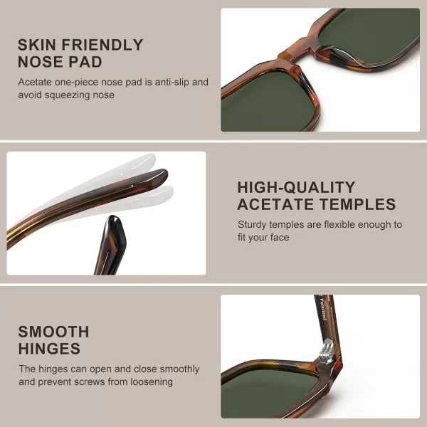 CARFIA Acetate Classic Square Polarized Sunglasses for Men UV400 Lenses Handcrafted Frame Outdoor Eyewear1brown Striped Frame Green Lens