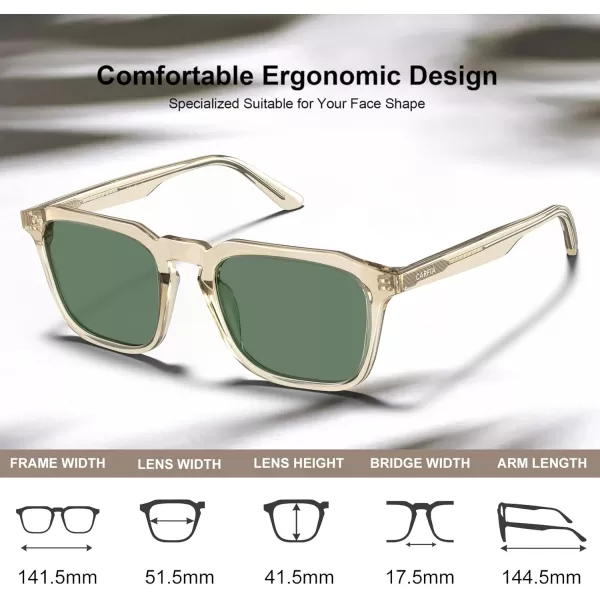CARFIA Acetate Classic Square Polarized Sunglasses for Men UV400 Lenses Handcrafted Frame Outdoor Eyewear2light Coffe Frame Green Lens