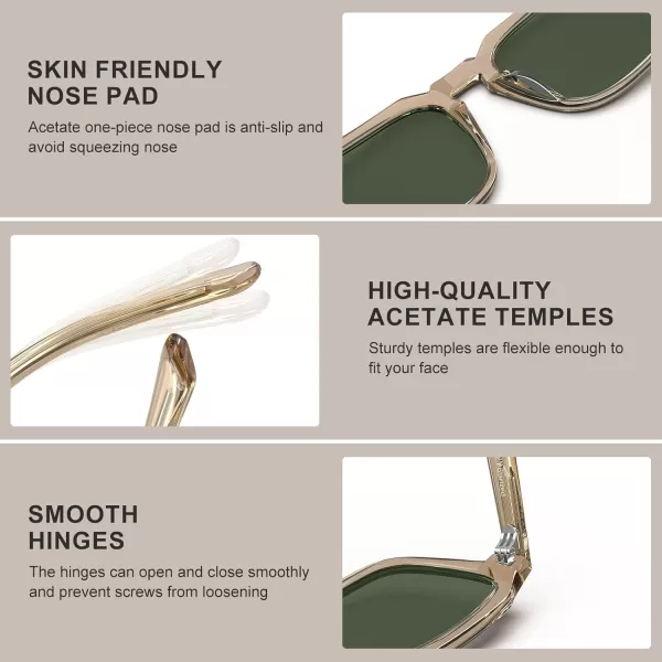 CARFIA Acetate Classic Square Polarized Sunglasses for Men UV400 Lenses Handcrafted Frame Outdoor Eyewear2light Coffe Frame Green Lens