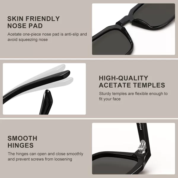 CARFIA Acetate Classic Square Polarized Sunglasses for Men UV400 Lenses Handcrafted Frame Outdoor Eyewear3black Frame Grey Lens