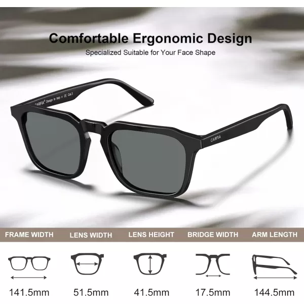 CARFIA Acetate Classic Square Polarized Sunglasses for Men UV400 Lenses Handcrafted Frame Outdoor Eyewear3black Frame Grey Lens