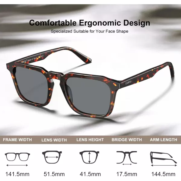 CARFIA Acetate Classic Square Polarized Sunglasses for Men UV400 Lenses Handcrafted Frame Outdoor Eyewear5red Tortoise Frame Grey Lens