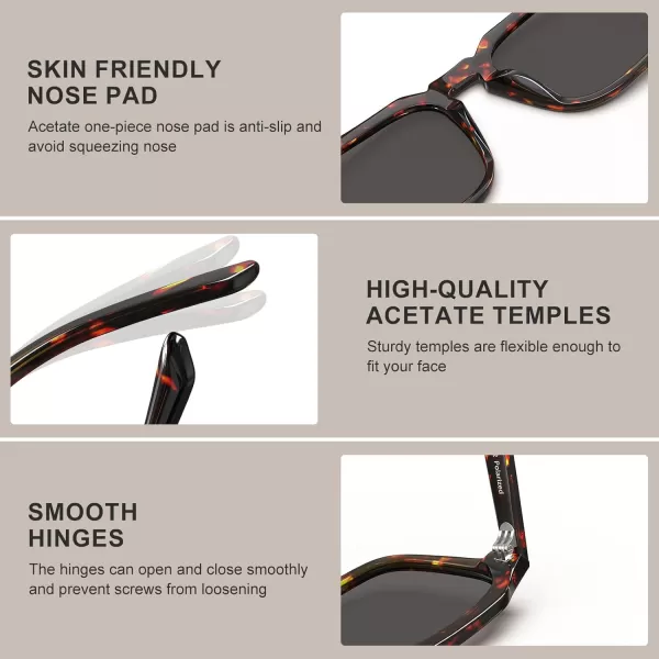 CARFIA Acetate Classic Square Polarized Sunglasses for Men UV400 Lenses Handcrafted Frame Outdoor Eyewear5red Tortoise Frame Grey Lens