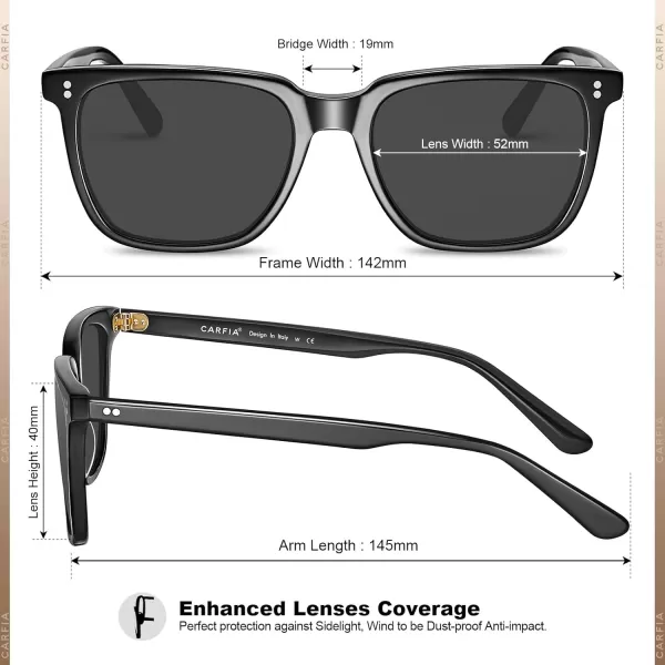 CARFIA Acetate Polarized Sunglasses for Men UV400 Protection Classic Retro Square Shades Driving Glasses2 Black Frame Grey Lens