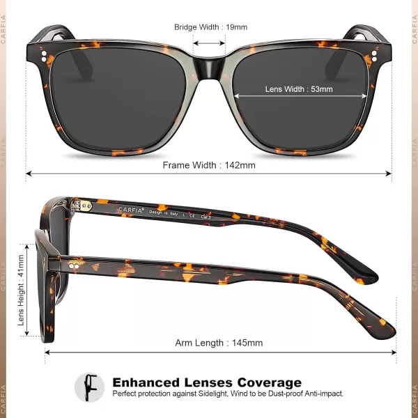 CARFIA Acetate Polarized Sunglasses for Men UV400 Protection Classic Retro Square Shades Driving Glasses3 Tortoise Frame Grey Lens
