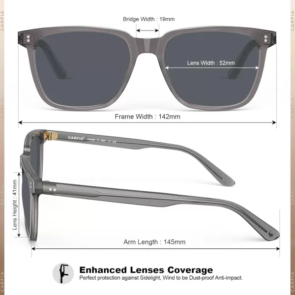 CARFIA Acetate Polarized Sunglasses for Men UV400 Protection Classic Retro Square Shades Driving Glasses6transparent Grey Frame Grey Lens