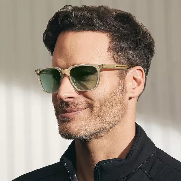 CARFIA Acetate Polarized Sunglasses for Men UV400 Protection Classic Retro Square Shades Driving Glasses7 Transparent Yellow Frame Grenn Lens