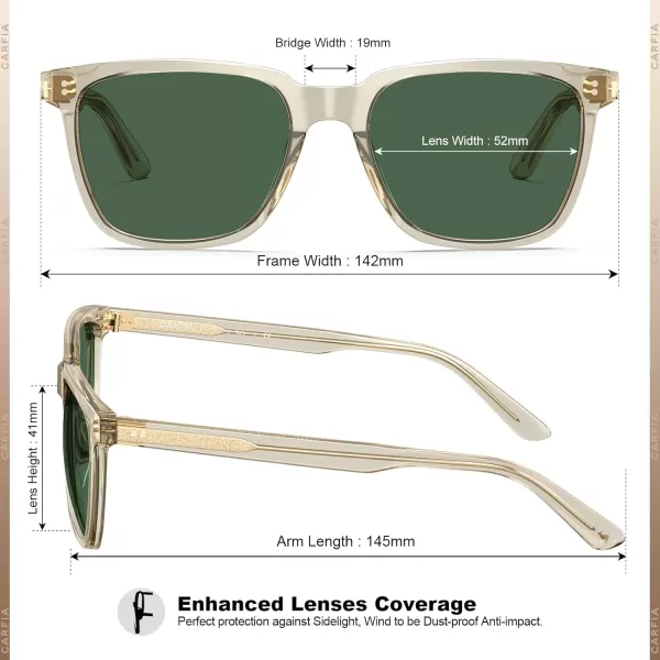 CARFIA Acetate Polarized Sunglasses for Men UV400 Protection Classic Retro Square Shades Driving Glasses7 Transparent Yellow Frame Grenn Lens