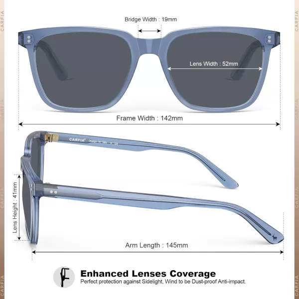 CARFIA Acetate Polarized Sunglasses for Men UV400 Protection Classic Retro Square Shades Driving Glasses8transparent Blue Frame Grey Lens