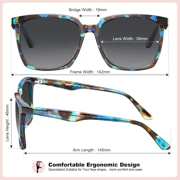 CARFIA Acetate Polarized Sunglasses for Women Big Face Fashion Retro Sunnies CA55051 Tortoise Frame Grey Gradient Lens