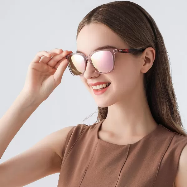 CARFIA Acetate Polarized Sunglasses for Women Big Face Fashion Retro Sunnies CA55053 Clear Pink Frame Pink Mirror