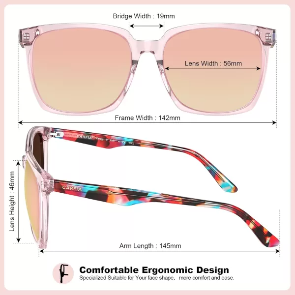 CARFIA Acetate Polarized Sunglasses for Women Big Face Fashion Retro Sunnies CA55053 Clear Pink Frame Pink Mirror