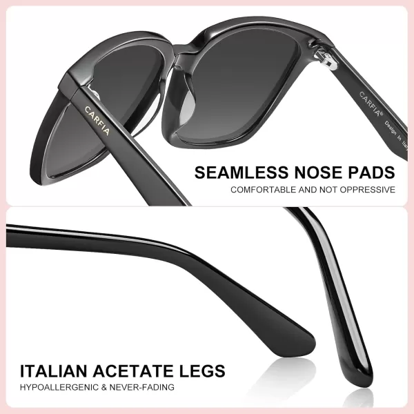 CARFIA Acetate Polarized Sunglasses for Women Big Face Fashion Retro Sunnies CA55054 Black Frame Grey Gradient Lens