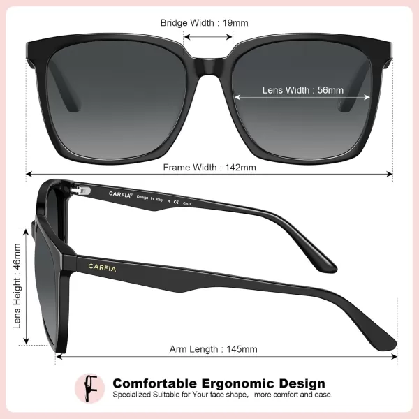 CARFIA Acetate Polarized Sunglasses for Women Big Face Fashion Retro Sunnies CA55054 Black Frame Grey Gradient Lens