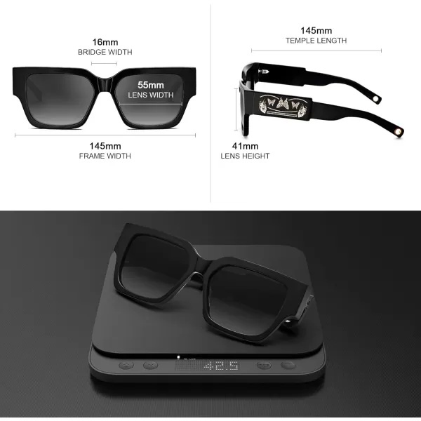 CARFIA Acetate Trendy Square Sunglasses for Women UV400 Protection Handcrafted Hypoallergenic Temple CF1006Black Frame Gradient Grey Lens