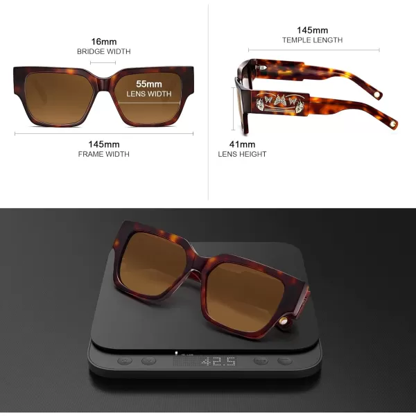 CARFIA Acetate Trendy Square Sunglasses for Women UV400 Protection Handcrafted Hypoallergenic Temple CF1006Brown Tortoise Frame Gradient Brown Lens