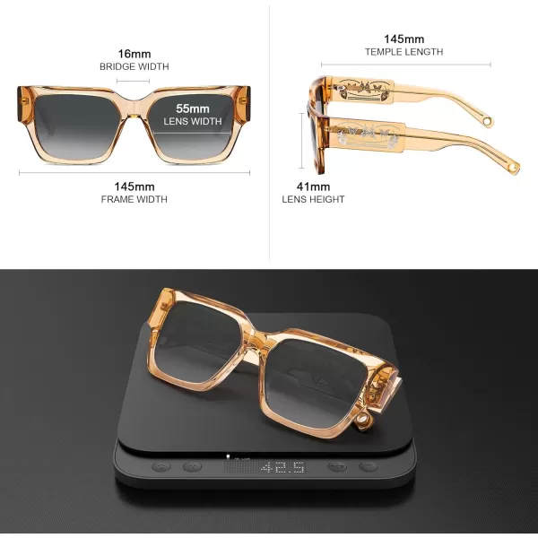 CARFIA Acetate Trendy Square Sunglasses for Women UV400 Protection Handcrafted Hypoallergenic Temple CF1006Light Coffe Gradient Grey Lens