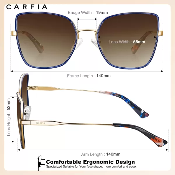 CARFIA Fashion Metal Sunglasses for Women Polarized UV Sun Protection Nickelfree Plating Frame CA5383Blue Frame Brown Gradient Lens