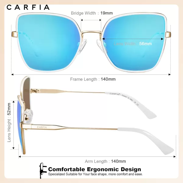 CARFIA Fashion Metal Sunglasses for Women Polarized UV Sun Protection Nickelfree Plating Frame CA5383White Frame Ice Blue mirror