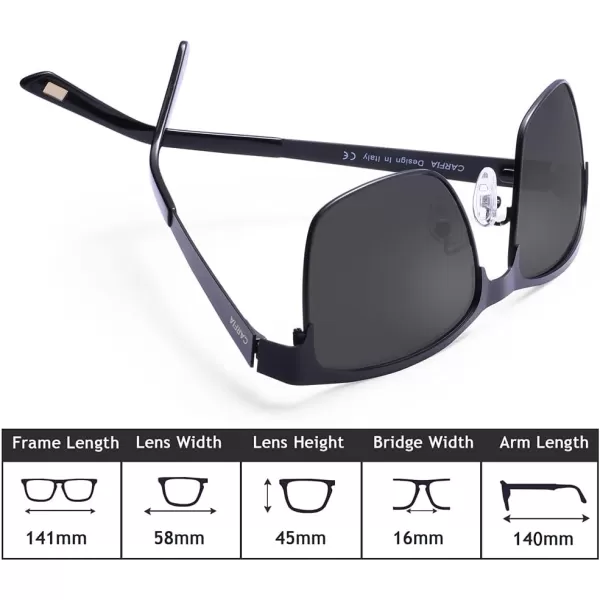 CARFIA Metal Mens Sunglasses Polarized UV400 Protection for Driving Fishing Hiking Golf Everyday Use CA5225A1 Black Frame Grey Lens