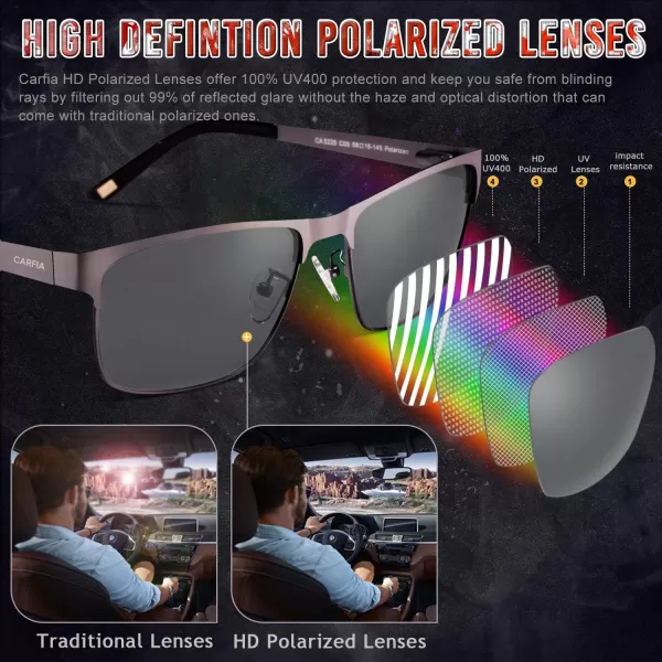 CARFIA Metal Mens Sunglasses Polarized UV400 Protection for Driving Fishing Hiking Golf Everyday Use CA5225A2 Gun Frame Grey Lens