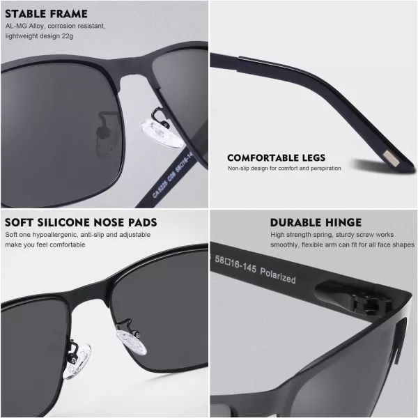 CARFIA Metal Mens Sunglasses Polarized UV400 Protection for Driving Fishing Hiking Golf Everyday Use CA5225A3 Gridding Arms  Black Frame Grey Lens
