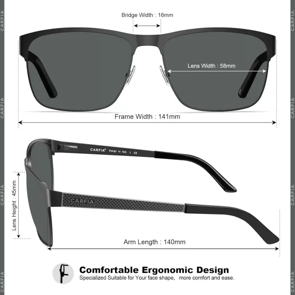 CARFIA Metal Mens Sunglasses Polarized UV400 Protection for Driving Fishing Hiking Golf Everyday Use CA5225A3 Gridding Arms  Black Frame Grey Lens