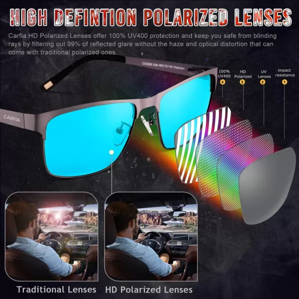 CARFIA Metal Mens Sunglasses Polarized UV400 Protection for Driving Fishing Hiking Golf Everyday Use CA5225A4 Gun Frame Iceblue Mirror