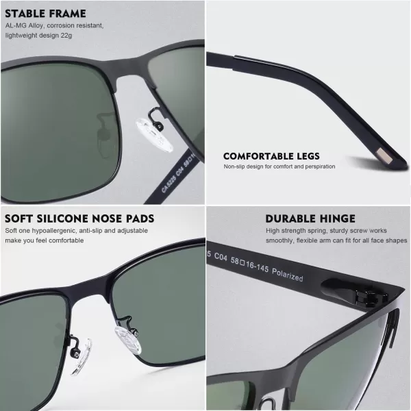 CARFIA Metal Mens Sunglasses Polarized UV400 Protection for Driving Fishing Hiking Golf Everyday Use CA5225A5 Black Frame Green Lens