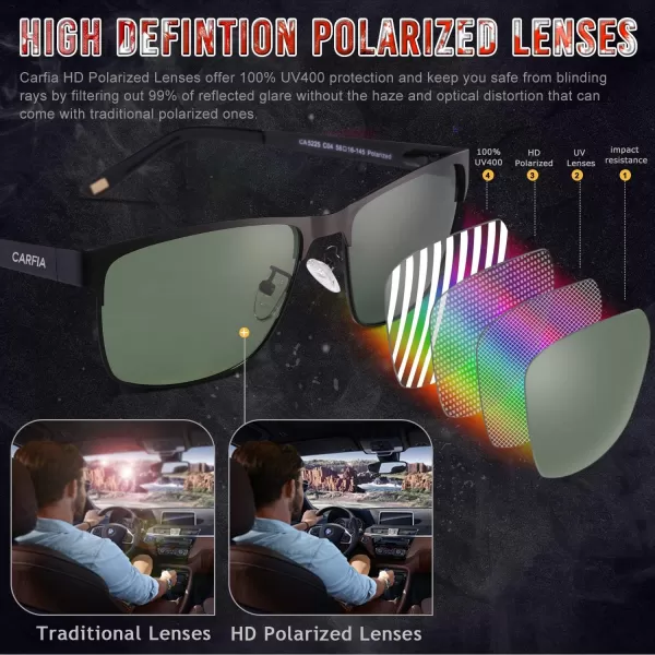 CARFIA Metal Mens Sunglasses Polarized UV400 Protection for Driving Fishing Hiking Golf Everyday Use CA5225A5 Black Frame Green Lens